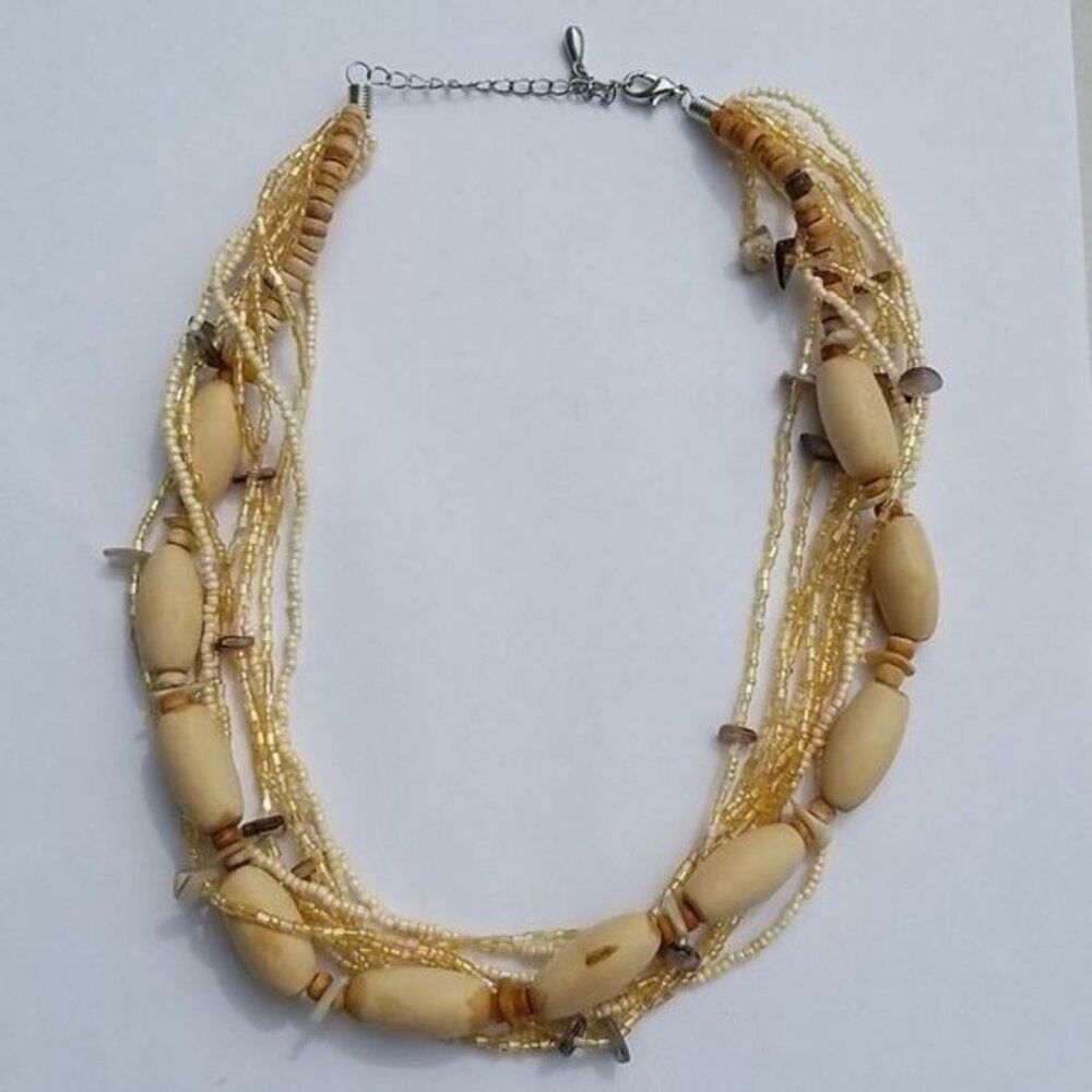 Wood Beaded Multi Strand Necklace Cream Tan Neutral Boho Statement Jewelry